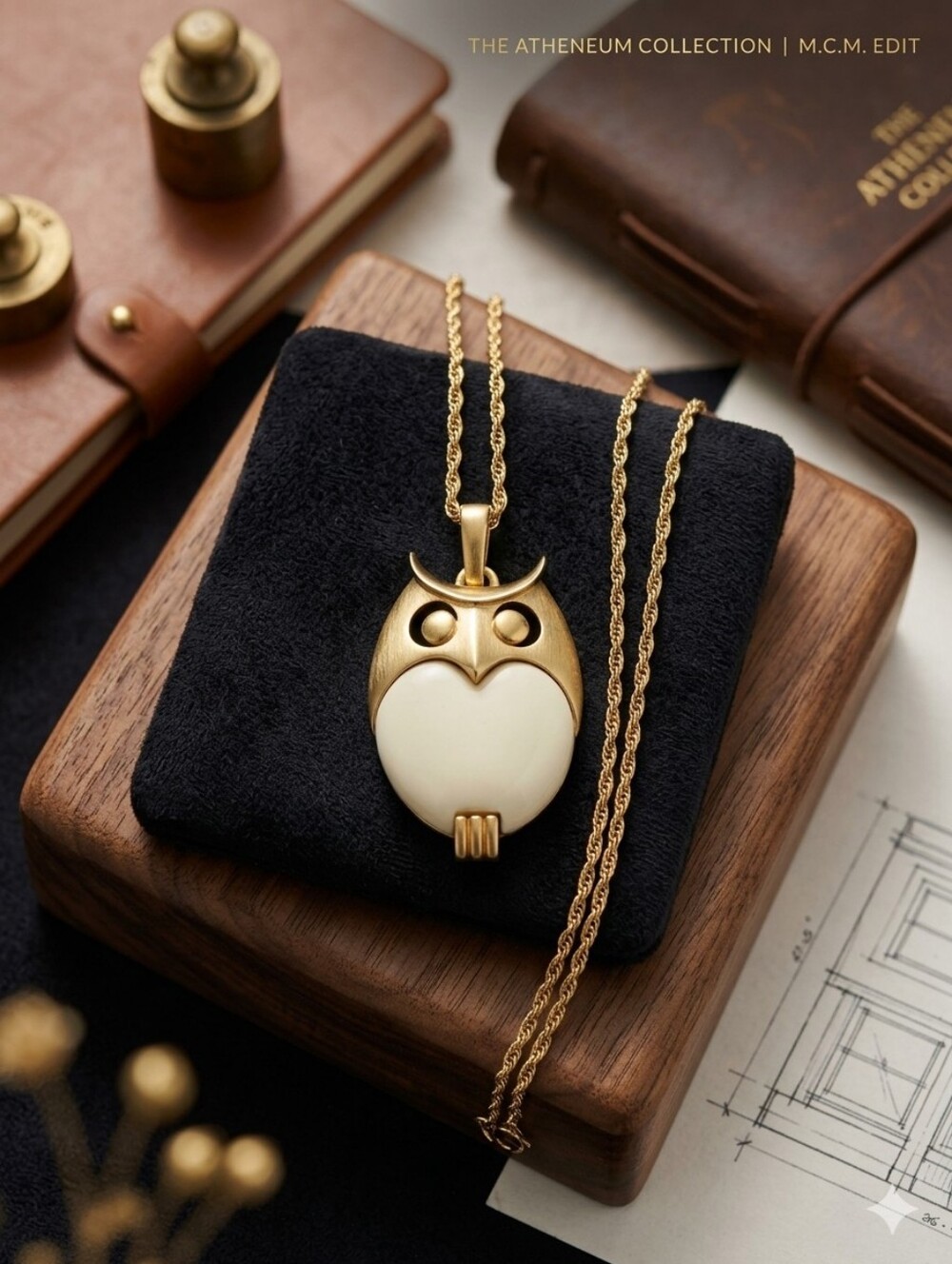 Vintage 1960s Signed Crown Trifari Cream Lucite Jelly Belly Owl Pendant Necklace